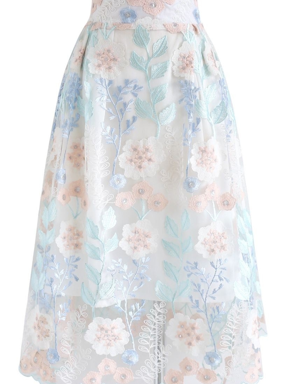"New Chicwish" Embroidered Floral Midi Skirt - Pastel Blue & Blush - Picture 8 of 8